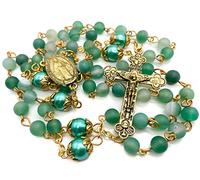 Nazareth Store Collier chapelet catholique avec croix dorée, perles de prière, médaille religieuse et sac en velours (Vert)