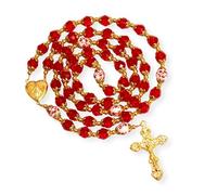 Nazareth Store Collier chapelet catholique avec perles bleues en cristal et fleurs dorées, médaillon cœur miraculeux et croix, bijou religieux pour femmes et hommes, amulette. (Rouge)
