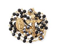 Nazareth Store Collier chapelet catholique doré en pierre mate, perles rondes vertes, médaille miraculeuse et croix - Sac en velours (Noire)