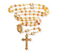 Nazareth Store Collier chapelet catholique doré en pierre mate, perles rondes vertes, médaille miraculeuse et croix - Sac en velours (Jaune)