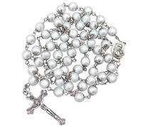 Nazareth Store Collier chapelet de perles blanches avec médaille de terre sainte - Chapelets catholiques pour femmes et hommes