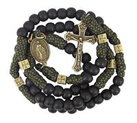 Nazareth Store Collier chapelet en métal bronze antique avec paracorde robuste, perles de prière noires mates, médaille de saint et crucifix (Croix de Jésus avec médaille miraculeuse)