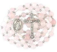 Nazareth Store Collier chapelet en perles de jade blanc de 8 mm et en pierre naturelle de 10 mm médaille miraculeuse de Saint et crucifix croix chapelet catholique bijoux religieux de prière