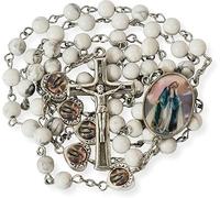 Nazareth Store Collier chapelet en perles de pierre naturelle avec cœur miraculeux en époxy, perles métalliques, pierres précieuses, cadeaux chrétiens (Howlite)