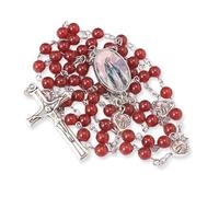 Nazareth Store Collier chapelet en perles de pierre naturelle avec cœur miraculeux en époxy, perles métalliques, pierres précieuses, cadeaux chrétiens (Red Carnelian)