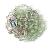 Nazareth Store Collier chapelet en perles de pierre naturelle avec cœur miraculeux en époxy, perles métalliques, pierres précieuses, cadeaux chrétiens (Green Aventurine)