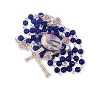 Nazareth Store Collier chapelet en perles de pierre naturelle avec cœur miraculeux en époxy, perles métalliques, pierres précieuses, cadeaux chrétiens (Lazuli)