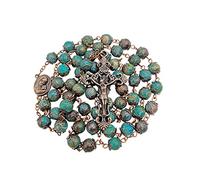 Nazareth Store Collier chapelet en perles de pierre naturelle, motif en cuivre antique, médaille et croix du sol sacré dans un sac en velours - Collection Terra Santa Jerusalem (Jaspe Vert)