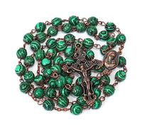 Nazareth Store Collier chapelet en perles de pierre naturelle, motif en cuivre antique, médaille et croix du sol sacré dans un sac en velours - Collection Terra Santa Jerusalem (Malachite verte)