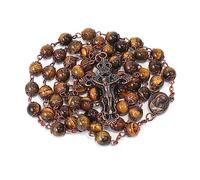Nazareth Store Collier chapelet en perles de pierre naturelle, motif en cuivre antique, médaille et croix du sol sacré dans un sac en velours - Collection Terra Santa Jerusalem (Oeil de tigre marron)