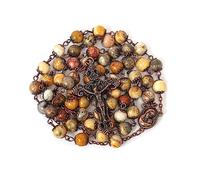 Nazareth Store Collier chapelet en perles de pierre naturelle, motif en cuivre antique, médaille et croix du sol sacré dans un sac en velours - Collection Terra Santa Jerusalem (Jaspe jaune)