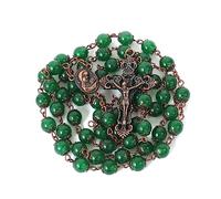Nazareth Store Collier chapelet en perles de pierre naturelle, motif en cuivre antique, médaille et croix du sol sacré dans un sac en velours - Collection Terra Santa Jerusalem (Vert Jade)