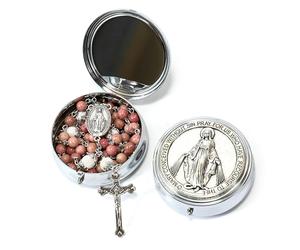 Nazareth Store Collier chapelet en pierre catholique de 6 mm avec perles mystères de 8 mm Médaille miraculeuse et boîte cadeau en métal Notre Dame des Grâces