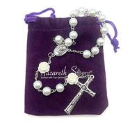 Nazareth Store Collier Chapelet Perles Blanches Pures Notre Rose Médaille de Lourdes et Croix Crucifix