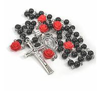 Nazareth Store Collier Chapelet Perles Hématite Noire 6mm Catholique Notre Rose Médaille de Lourdes & Croix de Jésus en Velours