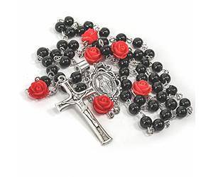 Nazareth Store Collier Chapelet Perles Hématite Noire 6mm Catholique Notre Rose Médaille de Lourdes & Croix de Jésus en Velours