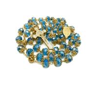 Nazareth Store Collier Chapelet Saint Benoît Perles Cristal Bleu 10mm Fleurs Dorées Médaillon Cœur Miraculeux Médaille & Croix 21 52