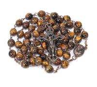 Nazareth Store Collier Chapelet Vintage Fait Main en Œil de Tigre, Crucifix, Médaille Terre Sainte Jérusalem, Perles de Prière 55