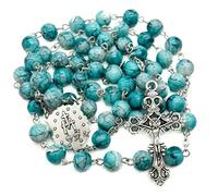 Nazareth Store Collier de chapelet de perles de verre de marbre Turquoise catholique magnifique médaille et croix - sac en velours