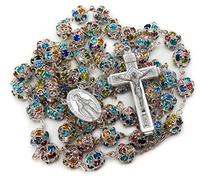 Nazareth Store Collier de Perles colorées en Cristal et Zircon, Chapelet doré, catholique, avec Croix, médaille miraculeuse (Argent)