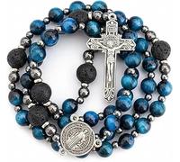 Nazareth Store Collier de Rosaire Catholique en Œil de Tigre Bleu pour Homme avec Médaille de Saint et Croix du Notre Père Cadeaux Catholiques pour Hommes Forts (St. Benedict)