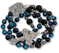 Nazareth Store Collier de Rosaire Catholique en Œil de Tigre Bleu pour Homme avec Médaille de Saint et Croix du Notre Père Cadeaux Catholiques pour Hommes Forts (Saint Michael)