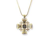 Nazareth Store Croix de Jérusalem Émail Bleu Plaqué Or 18k Pendentif Collier Pierres Cristallisées Chaîne Collier Hommes Femmes