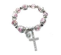 Nazareth Store Croix religieuse bracelet chrétien classique bracelet avec perles de cristal rose cadeau sacré pour les filles adolescentes bijoux pour femmes et hommes