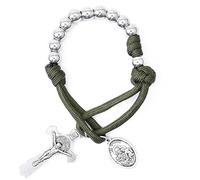 Nazareth Store Olive Military One Decade Paracord Chapelet Silver Beads Pocket Car Rosary Priez pour nous St. Joseph Medal & St. Benedict Cross