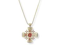 Nazareth Store Pendentif Croix de Jérusalem Émail Rouge Plaqué Or 18k avec Pierres Cristallisées Chaîne Collier Hommes Femmes