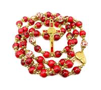 Nazareth Store Perles de corail rouge fleurs de chapelet en or collier de perles médaille miraculeuse et crucifix de Saint Benoît