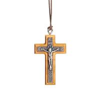 NazarethFairTrade Collier crucifix en métal avec croix en bois d'olivier fait à la main à Nazareth, cadeaux pour hommes, femmes, garçons, filles, baptême, Alpha Omega, bijoux chrétiens de Terre Sainte