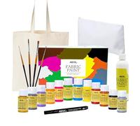 Nazca Colors Fabric Paint Starter Kit - Set de Peinture Textile 10 Couleurs + Or et Argent 30ml, Flacon Blanc 100ml, Feutre pour Tissu Noir, 4 Pinceaux, Tote Bag et Sac de Toilette pour personnaliser