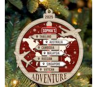 NAZENTI Ornement de voyage personnalisé 2025, décoration de sapin de Noël sur le thème du voyage, ornements personnalisés de voyageurs du monde à 2 couches, cadeau pour voyageurs et aventuriers style