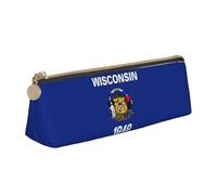 NBAGHPQ Wisconsin Trousse à crayons en cuir avec fermeture éclair Motif drapeau de l'État du Wisconsin Pour garçons et filles