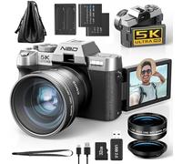 NBD 5K 64MP Appareil Photo numérique avec autofocus, Zoom numérique 16x, F1.8 Ouverture, Écran IPS 3" 180°, WiFi + Lentille Grand Angle/Macro + Carte 64GB + 2 Batteries (Argenté)