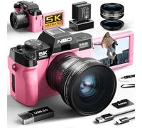 NBD 5K 64MP Appareil Photo numérique avec autofocus, Zoom numérique 16x, F1.8 Ouverture, Écran IPS 3" 180°, WiFi + Lentille Grand Angle/Macro + Carte 64GB + 2 Batteries (Rose)