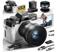 NBD 5K 64MP Appareil Photo numérique avec autofocus, Zoom numérique 16x, F1.8 Ouverture, Écran IPS 3" 180°, WiFi + Lentille Grand Angle/Macro + Carte 64GB + 2 Batteries (Blanc)