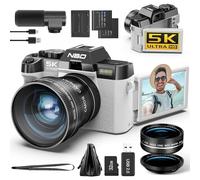 NBD Appareil Photo Numérique 5K 48MP avec autofocus, Zoom numérique 16x, Vidéo 5K/30fps + 4K/60fps, Écran IPS 3" 180°, WiFi + Micro Externe + Carte 32GB + 2 Batteries（Blanc）