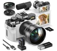 NBD Appareil Photo numérique 8K 64MP avec autofocus, Zoom numérique 16x, F1.8, Écran IPS 3" 180°, WiFi + Lentille Grand Angle/Macro + Micro Externe + Carte 64GB + 2 Batteries (Blanc)