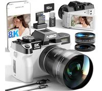 NBD Appareil photo numérique 8K pour photographie, photos Camara 64 MP, caméras de vlogging de voyage pour YouTube avec écran rabattable à 180°, zoom numérique 16x, objectif macro 52 mm, 2 batteries
