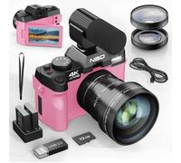 NBD S100 Appareil Photo numérique 4K 48 MP autofocus avec Grand Angle et Macro - Zoom 16x - Carte 32Go - 2 Battries - Microphone - Ecran de Film 3,0 180° - Appareil Photo Compact pour débutant-Rose