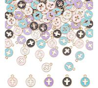 nbeads 100 Pcs Croix Alliage Émail Pendentifs, 5 Couleurs Pendentifs en Alliage Rond Plat Breloque Plaquée Or Clair pour L'Artisanat de Bricolage Fabrication de Bijoux Collier Décoration de Pâques