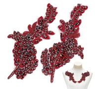 NBEADS 2 Pcs Patch de Ceinture en Strass, 19.8x9.8cm Applique Florale 3D en Perles à Coudre Ornée de Cristaux pour Ceinture de Mariée Robe de Cérémonie Étole de Remise de Diplôme, Rouge Foncé