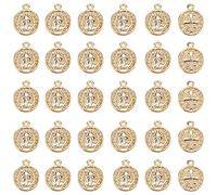 nbeads 30 Pcs Pendentifs Ronds Plats, Médaille de Saint Benoît Breloques en Laiton Pendentifs Perles Breloques Plaquées Or 18K pour la Fabrication de Bijoux, Trou: 1mm