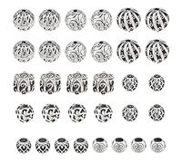 nbeads 32 Pcs Perles Rondes Antiques Tibétaines, Perles en Laiton Perles en Filigrane d'argent Entretoise Lâche Perles Européennes Boule Creuse Gourou Perles pour la Fabrication de Bijoux