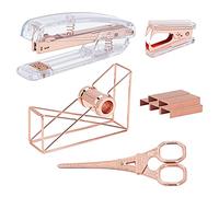NBEADS Trousse de Papeterie de Bureau, 5 Kit Accessoire de Bureau Distributeur de Ruban Adhésif Ciseaux Agrafeuse avec 24/6 Agrafe Standard en Laiton pour Fournitures Bureau Domicile, Or Rose