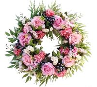 NbgrvB Couronne de printemps artificielle avec roses, myrtilles et hortensias sur le devant pour porte, mariage, décoration d'intérieur, composition florale en soie faite à la main, rose, 45 x 45 cm