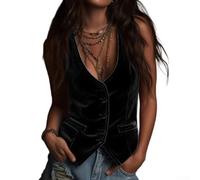 NbgrvB Débardeur en polyester élasthanne doux sans manches Noir M | Texture velours rétro, col en V, silhouette ajustée, toucher doux, style élégant