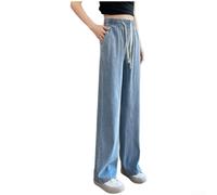 NbgrvB Jeans en soie glacée taille haute élastique jambe large pour femme | Matériau en polyester fin, silhouette droite, couleur bleue, essentiel pour l'été, léger et confortable